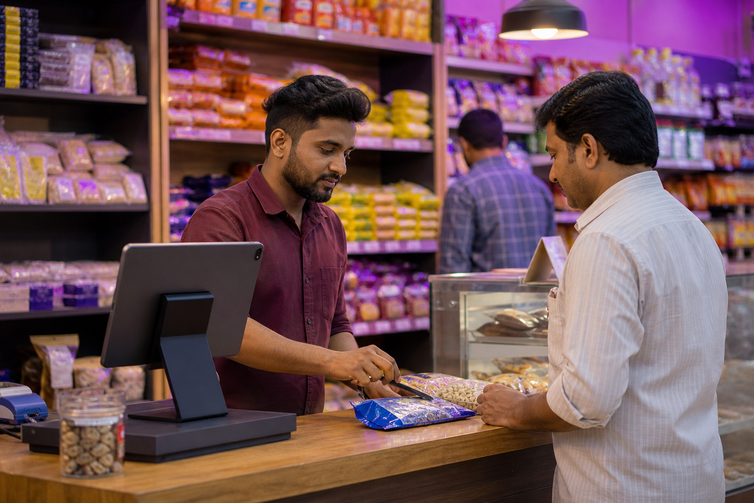 Cashier using a Hirah Shop till